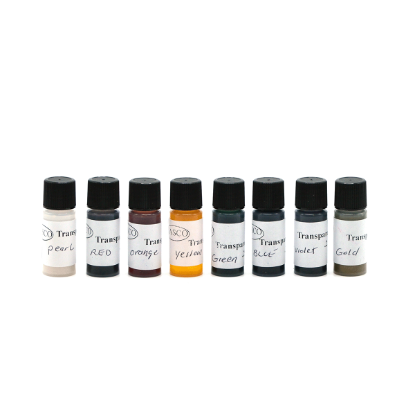 E-Z Cast transparent dye lineup of bottles, pearl, red, orange, yellow, green, blue, violet, gold.