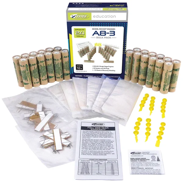 Contents of Estes A8-3 rocket engine bulk pack.