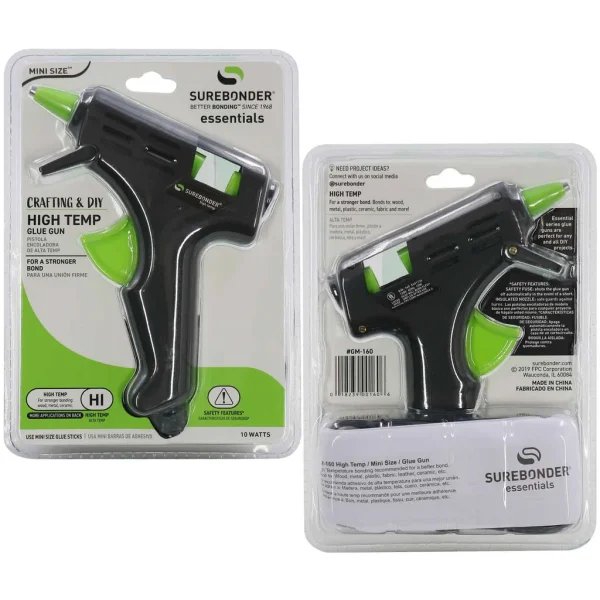 Front and back of packaging of mini 10 watt high temperature glue gun from Surebonder.