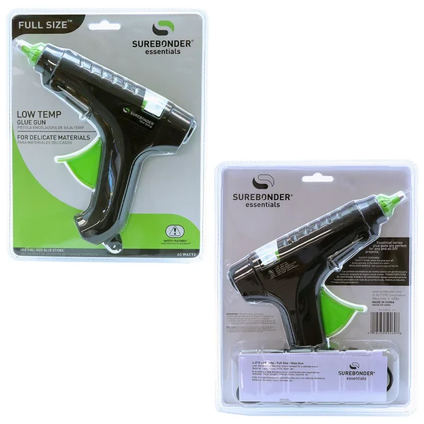 Surebonder glue gun, 40 Watt, low temp, full-size, package front and back.