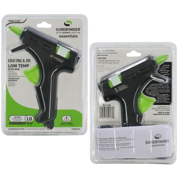 Front and back of packaging of low temp mini glue gun, 10 watts, from Surebonder.