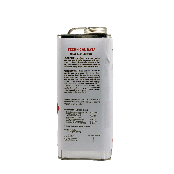 Technical details side of gallon can of Mass Cast clear polyester resin.