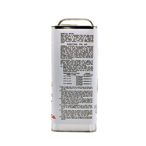 Side of gallon can of Mass Cast clear polyester resin.