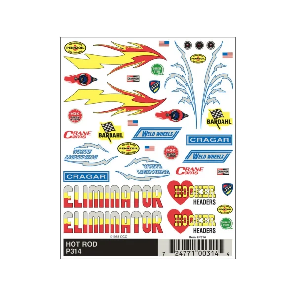 Pinecar dry transfer decals, hot rod package.