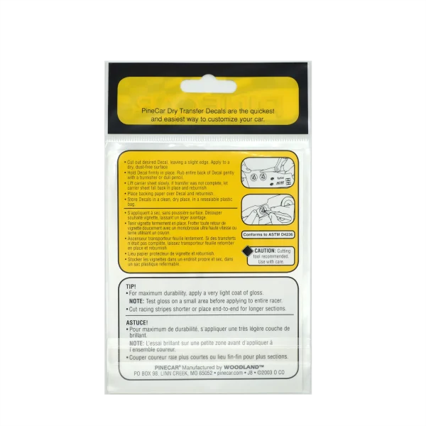 Back of package of Pinecar dry transfer decals.