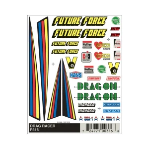 Pinecar dry transfer decals, drag racer package.