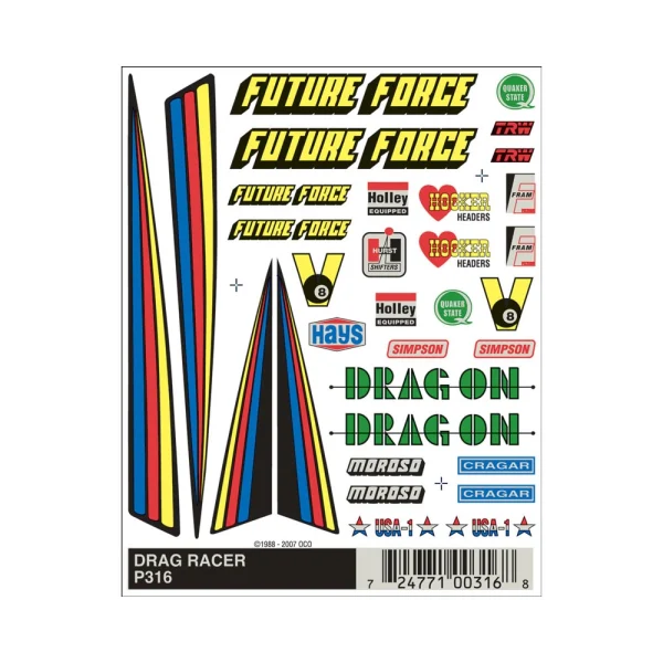 Pinecar dry transfer decals, drag racer package.