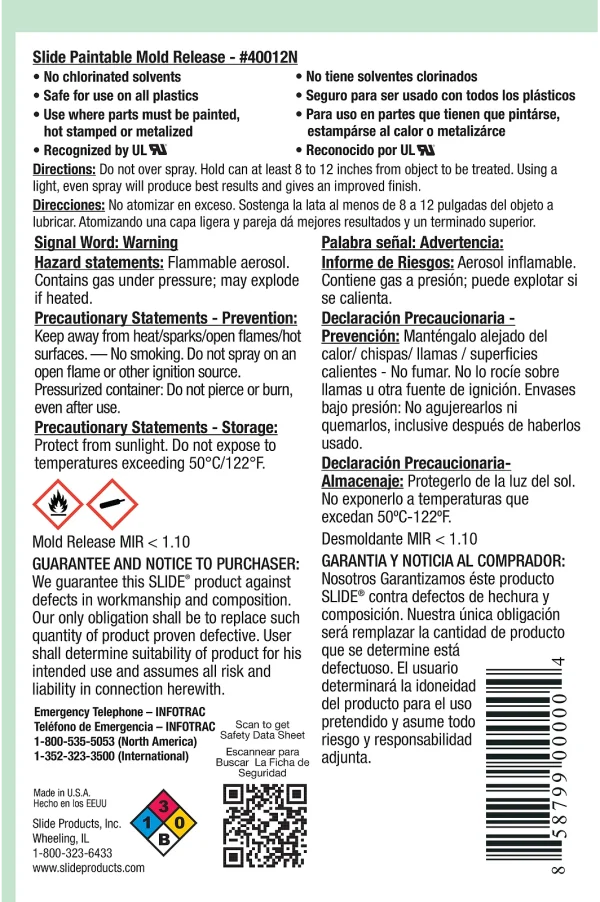 Back label of can of Slide Paintable Mold Release.