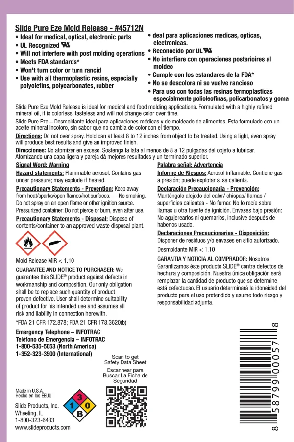 Back label of can of Slide Pure Eze Mold Release.